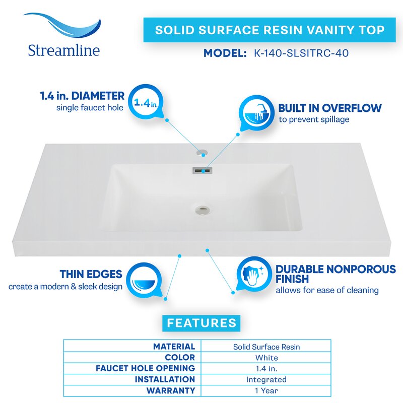 39.4'' Solid Surface Single Bathroom Vanity Top In White With Sink 